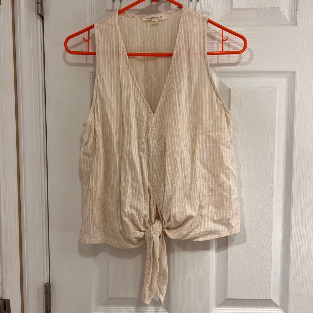 Grade & Gather Tan Striped Tie Front V-Neck‎ Cotton Tank Top Small Mens Womens
